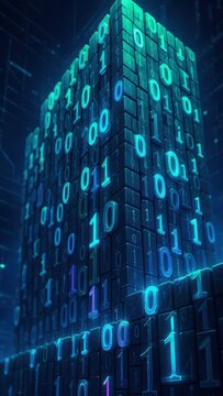 Binary code tower on blue digital technology background