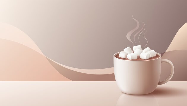 Hot chocolate cup with marshmallow and copy space on background