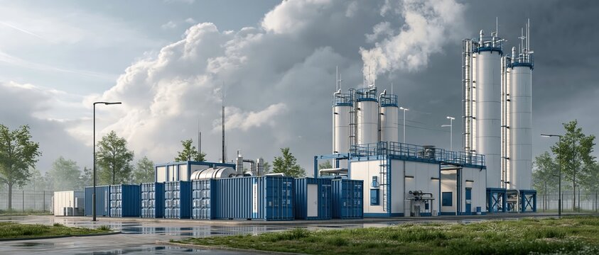 A modern industrial facility featuring tall white gas processing silos and stacks of blue cargo containers under a dramatic cloudy sky, representing sustainable energy infrastructure.