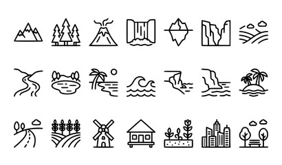 Fototapeta premium World landscape line icons featuring mountains forest volcano river lake beach desert waterfall iceberg city countryside and nature