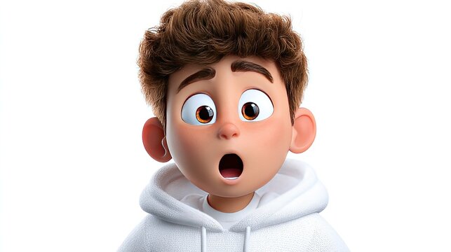 Surprise Expression: A cartoon boy with wide eyes and an open mouth displays a look of astonishment, his curly brown hair contrasting with his white hoodie.
