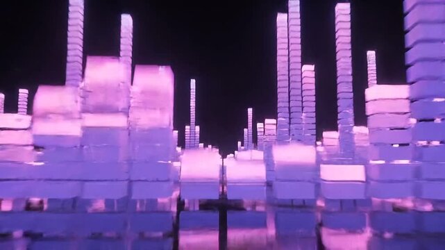 Glowing Neon Purple Audio Equalizer Bars Pulsing on Reflective Surface, 3D Digital Music Visualizer Loop
