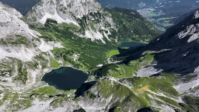 Aerial view of Drachensee and Seebensee in a mountain landscape in the Austrian Alps of Tyrol