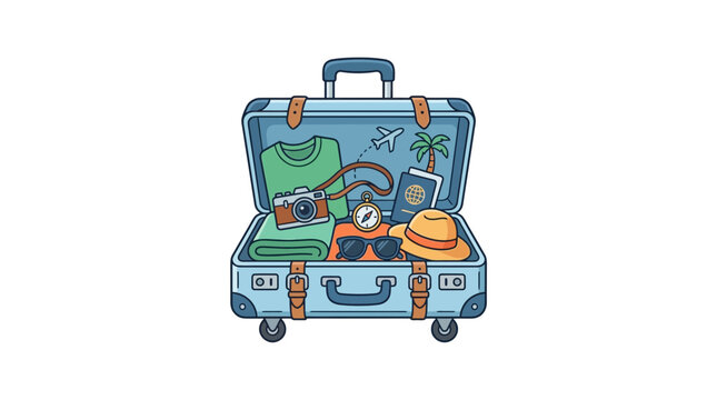 An open suitcase packed with various travel essentials for a summer vacation