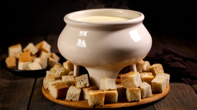 Ceramic cheese fondue pot on wooden trivet with bread cubes, cheese fondue dinner concept
