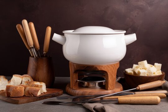 Ceramic cheese fondue pot on wooden trivet with bread cubes, cheese fondue dinner concept
