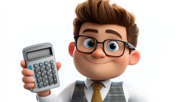 Cartoon businessman with calculator: A charming cartoon businessman with glasses and a tie holds up a calculator, symbolizing finance, accounting, or business.