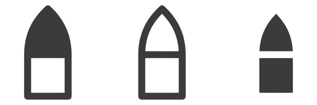 Bullet vector icon set, ammunition projectile symbol for gun weapon firearm military defense war shot shell cartridge caliber attack violence target, flat linear outline style