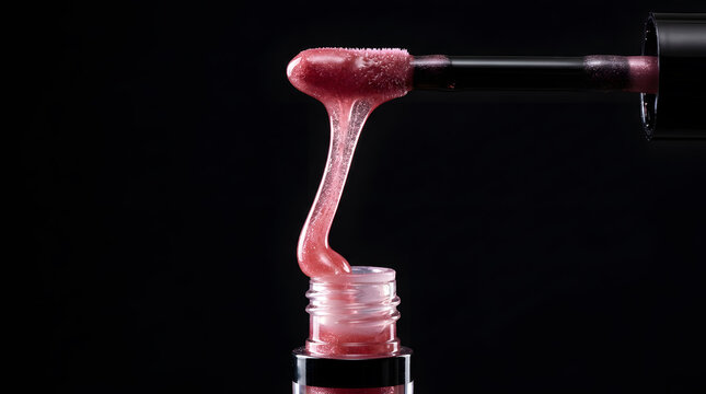 Macro Photography of Shimmering Rose Pink Lip Gloss Dripping from Applicator Wand, Thick Viscous Texture of Sparkling Liquid Lipstick on Dark Black Background, Professional Cosmetic Product Shot