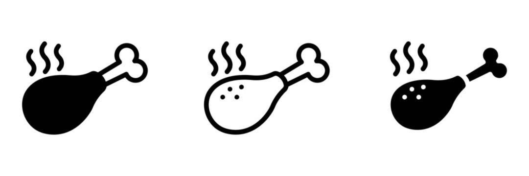 Fried chicken leg vector icon set, hot drumstick symbol for fast food restaurant meal turkey poultry meat crispy cooked steam roasted lunch dinner, flat linear outline style