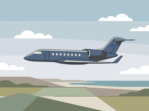 Sleek dark blue private business jet flying in the sky above a coastal landscape illustration.