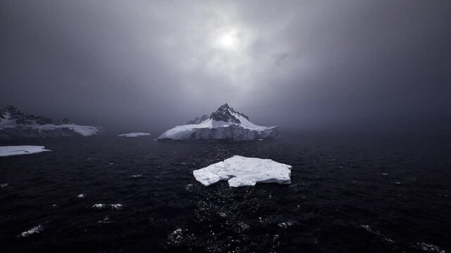 Foreboding polar seascape with melting ice floes, dim sun halo through haze, reflective dark water showing scattered debris, visual manifesto on climate change