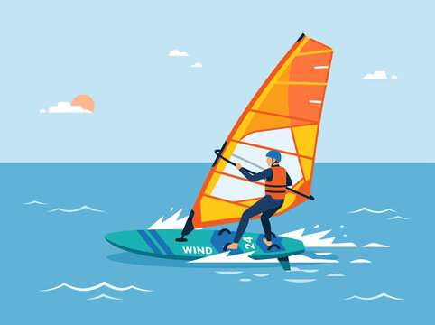 Professional windsurfer riding waves with orange sail and blue board illustration.