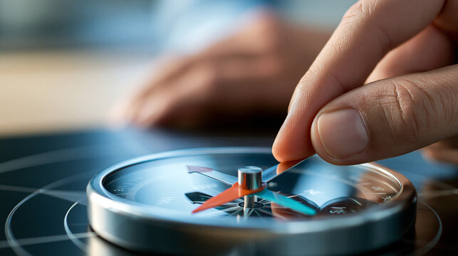 Close-up of hand adjusting compass needle toward directional arrow marker, strategic navigation concept, defocused background, with copy space