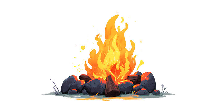 Campfire with burning logs and surrounding stones a digital illustration on white background