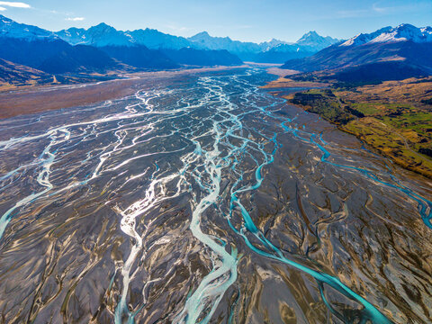 Braided River In New Zealand. 