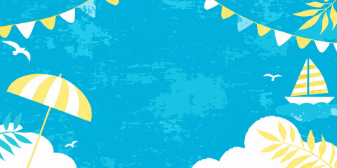 Summer beach scene illustration featuring a sailboat parasol pennants and stylized tropical foliage against a turquoise backdrop sailing vessel umbrella striped bunting festive © Mritun