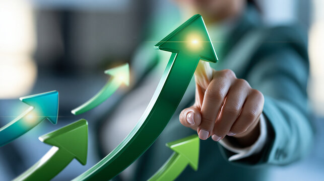 Faceless businesswoman pointing to large green up arrow surrounded by multiple directional arrows, growth and strategy concept, defocused background, with copy space
