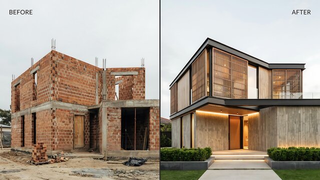 Before and after exterior renovation comparison of two story brick house project with renovation architecture construction
