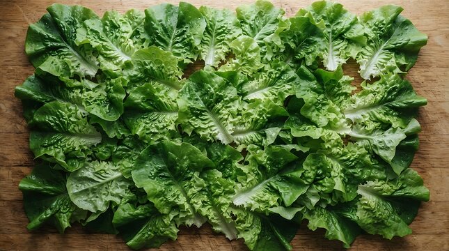 Fresh flame-Buttercrunch lettuce leaves arranged neatly on a rustic wooden cutting board for a vibrant and healthy culinary background in top-down view