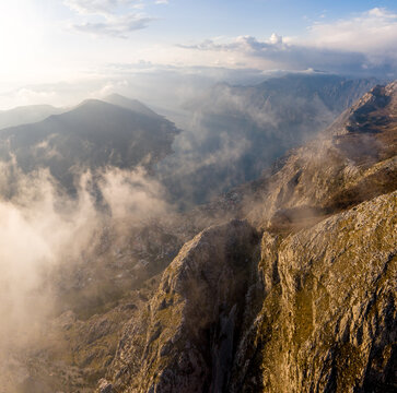 Bay of Kotor panorama at sunset, drone photo 