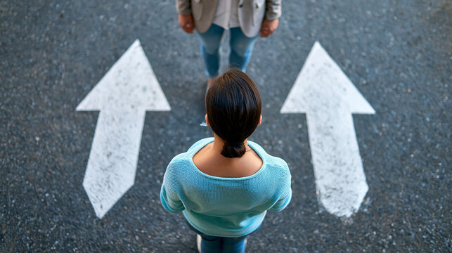 Faceless woman standing near arrows on asphalt, top view, choice concept, defocused background, with copy space