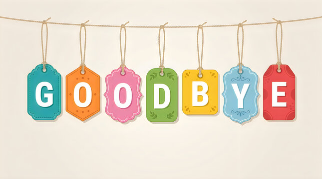 Colorful decorative tags spelling GOODBYE hanging on a string with soft pastel background
