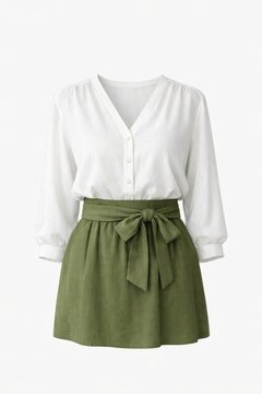Elegant white blouse green skirt