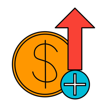 Financial growth concept with dollar coin, upward arrow, and plus icon.