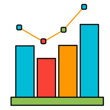 Colorful bar chart and line graph icon representing data analysis, business growth, and financial trends.