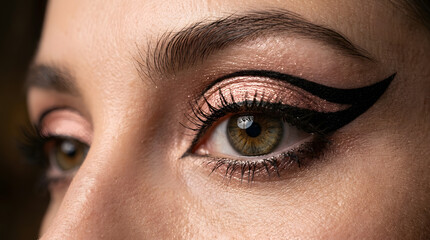 Fototapeta premium Macro extreme close up of a woman eye with artistic black winged eyeliner and shimmering rose gold eyeshadow showing detailed skin texture and natural groomed eyebrows for beauty and cosmetics 