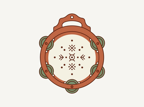 Traditional shamanic tambourine drum with tribal patterns and metal jingles illustration.