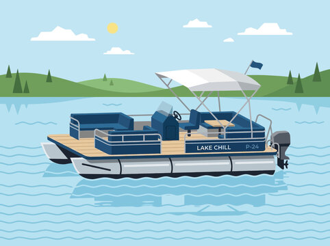 Vector illustration of a blue pontoon boat floating on a calm lake surface.