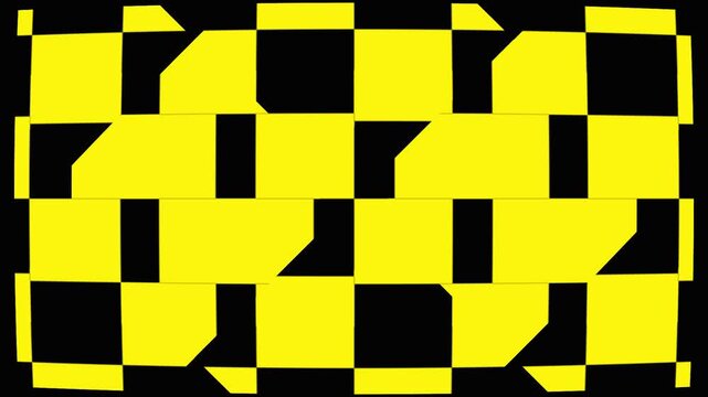 Yellow and black checkerboard pattern transitions with geometric distortion during a digital broadcast effect