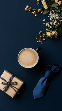 Father's day flat lay featuring coffee gift box necktie and floral arrangement on dark navy backdrop