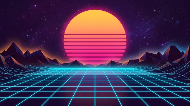 A vibrant synthwave landscape featuring a glowing orange sun over a digital neon grid with mountains under a starry night sky