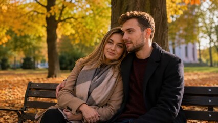 Fototapeta premium Romantischer Herbst in Polen: Ein junges Paar sitzt eng umschlungen auf einer Parkbank zwischen goldenem Laub und genießt ruhige Zweisamkeit, Liebe und gemeinsame Reisezeit.