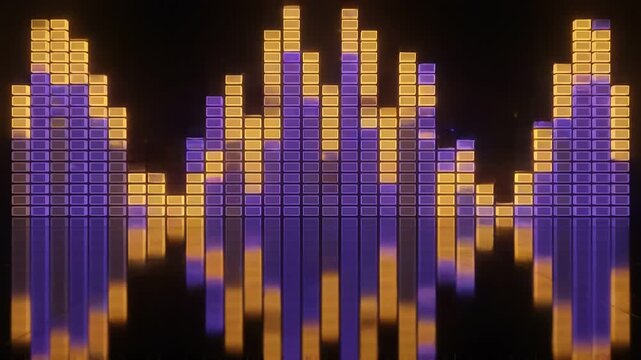 Digital Audio Equalizer Bars Pulsing with Purple and Orange Neon Lights on Solid Black Background, 3D Music Visualizer with Reflection