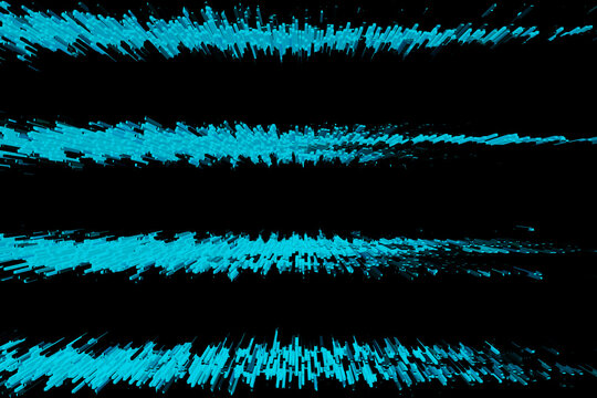 Abstract 3D block extrusion data streams, neon blue horizontal audio equalizer lines on black background