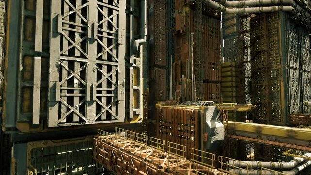 rusted catwalks and dense industrial piping creating atmospheric corridor of machinery and shadow heavy metal gratings, bolted platforms, conduit runs