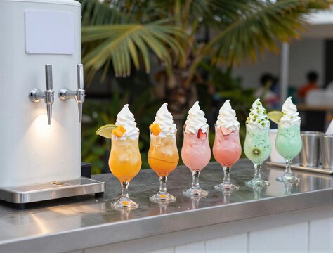 Row of colorful frozen drinks topped with soft serve