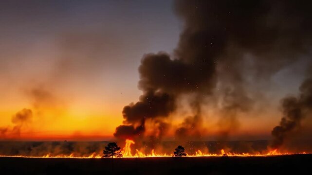 A panoramic view of a forest fire burning under a vibrant sunset horizon line in the wilderness.