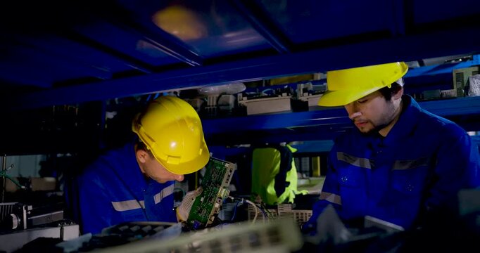 Two adult male technicians inspect electronic control component inside industrial machinery, examining circuit board and wiring during factory automation maintenance diagnostics and troubleshooting.