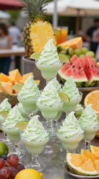 Green lime soft serve desserts arranged on outdoor buffet table