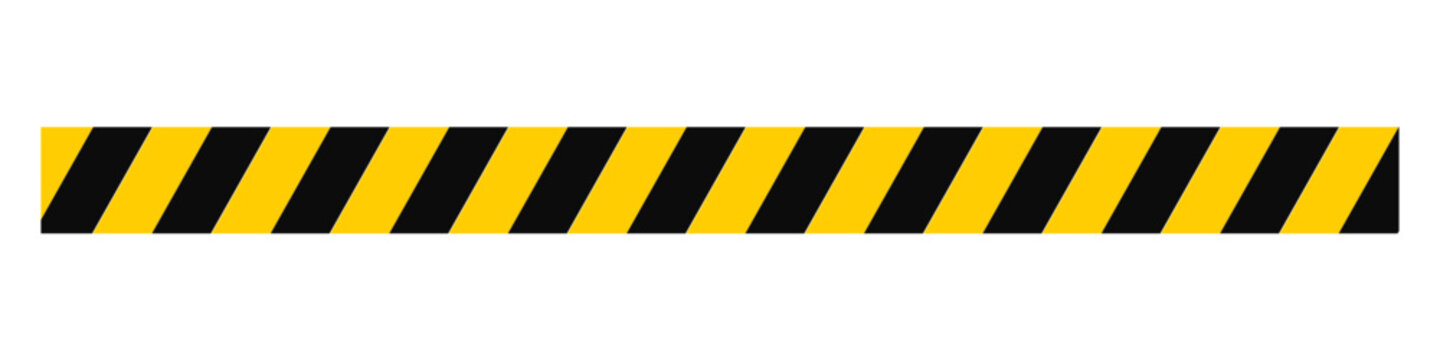 Continuous traffic caution border in a straight horizontal line, decorated with yellow and black hazard stripes in a seamless repeating pattern, transparent background