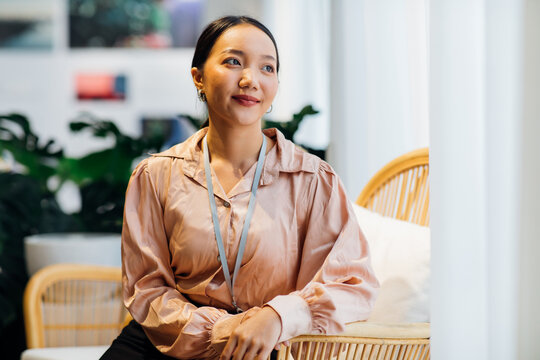 Portrait new employee Asian women in modern home office. Professional business teamwork diverse company people in meeting.