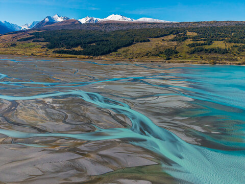 Side view of a braided River In New Zealand. 