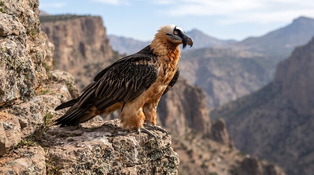Bearded vulture perched on rocky outcrop in natural habitat