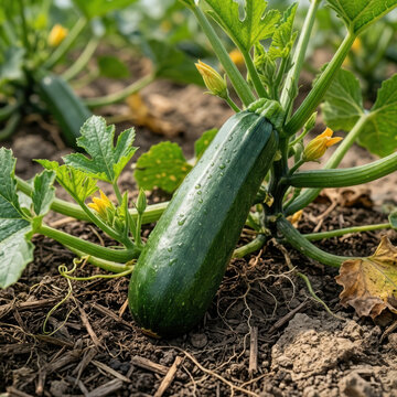 Fresh Green Zucchini Growing on Vine in Farm Field Garden