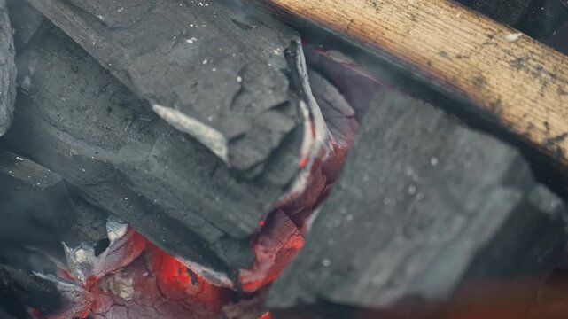 Macro tight shot glowing embers and charred wood, red hot crust peeking, ash flakes falling into smoky haze, intense heat and slow smolder, evocative forge and campfire ritual, close texture study